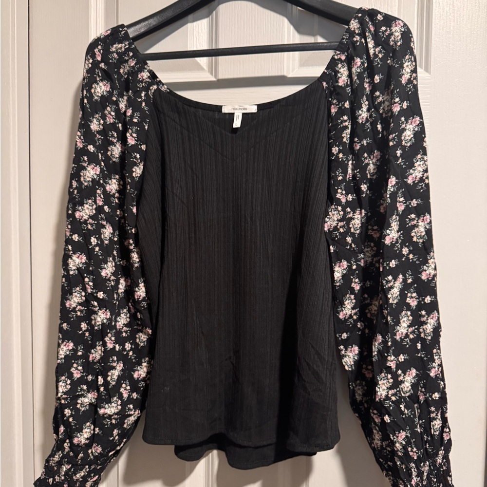 Maurices Black Ribbed Bodice Top with Pink Floral Puff Sleeves